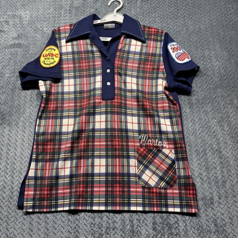 King Louie Plaid Bowling Shirt Women S/M WIBC‎ 1776–1976 Bicentennial USA Marion